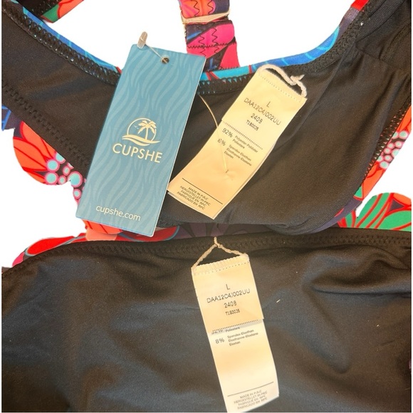 CUPSHE Two Piece Floral Bikini Set One Shoulder Scalloped Wide Strap Back Hook - Picture 8 of 10